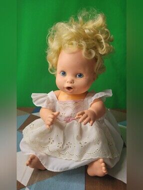 Vintage Baby Alive Curly Blonde Hair Blue Eyes Doll Dress Outfit 1990 Kenner Vtg